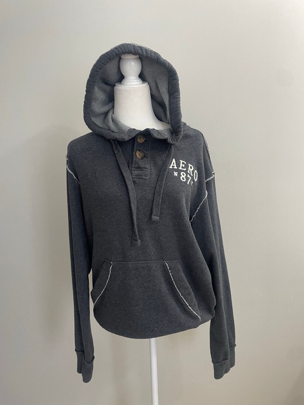 Aeropostale Gray Henley Pullover Hoodie Medium Button Neck Fleece Lined Y2K